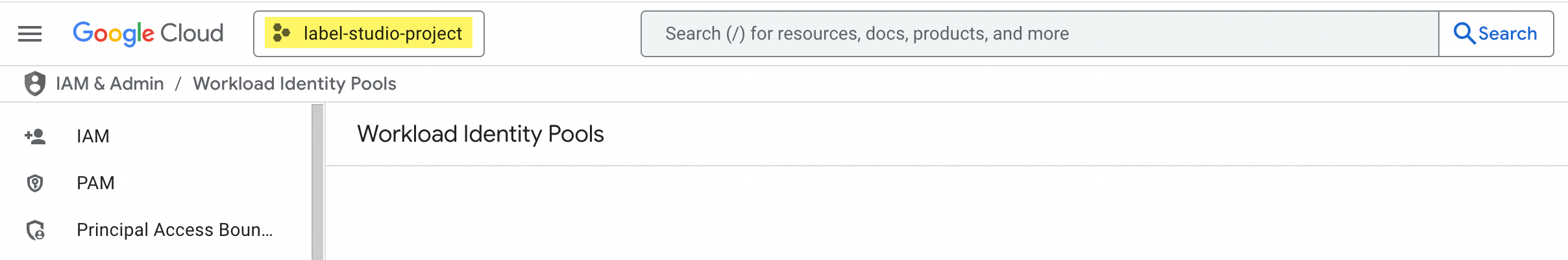 Screenshot of the GCS console with project highlighted